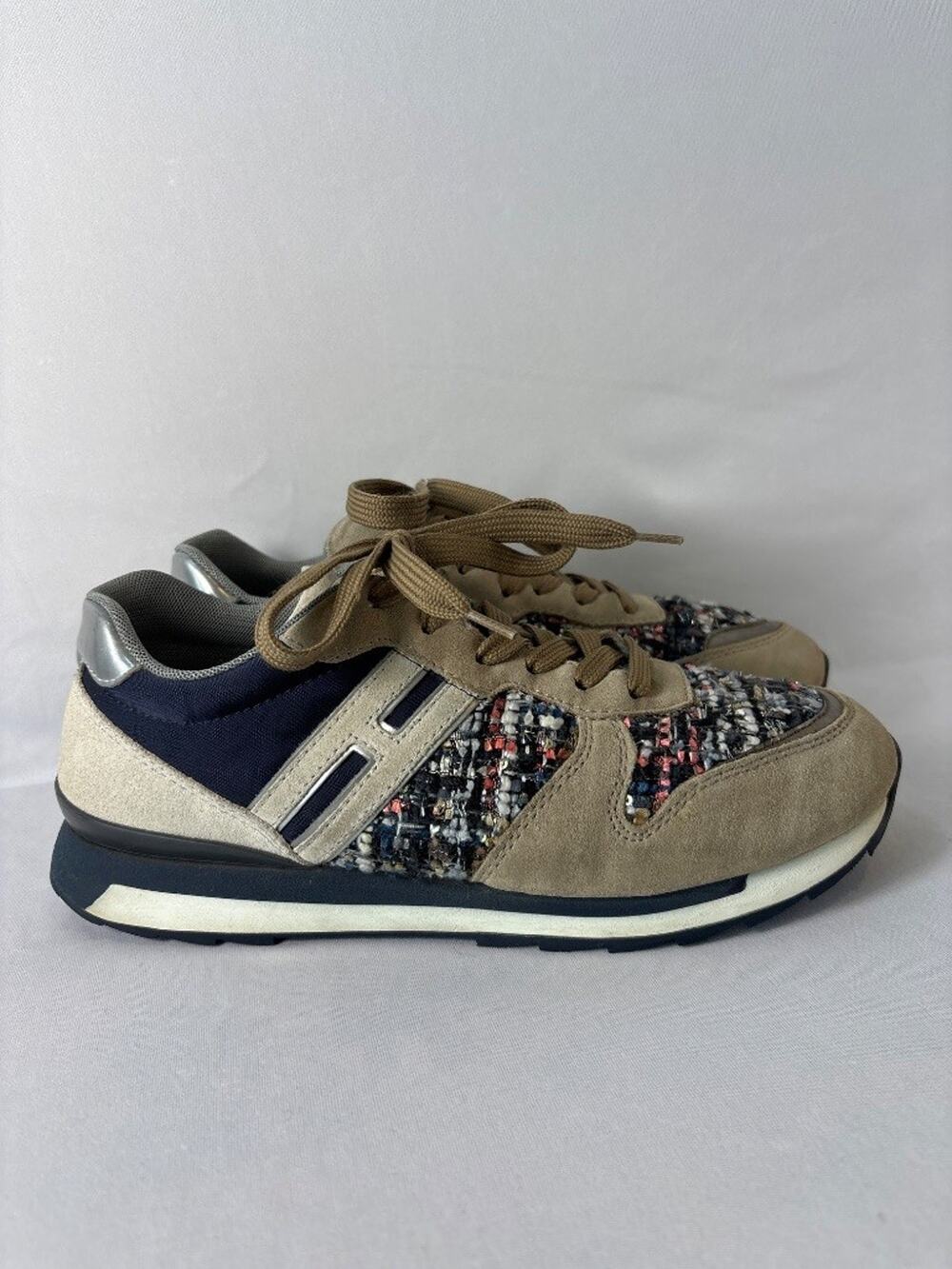 Hogan Rebel R261 Tweed Suede Sneakers Beige Navy Womens Size 38